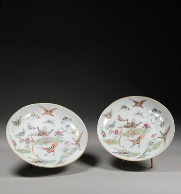 paire d'assiettes de la famille chinoise avec oiseaux et fleurs