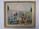 an image of a painting of a house and trees in a field