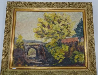 une peinture à l'huile représentant un pont enjambant une rivière, avec des arbres au premier plan