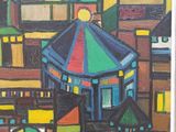 une image représentant une peinture d'une ville avec des bâtiments et une tour horloge