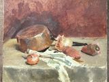 a painting of a pot and some onions on a table