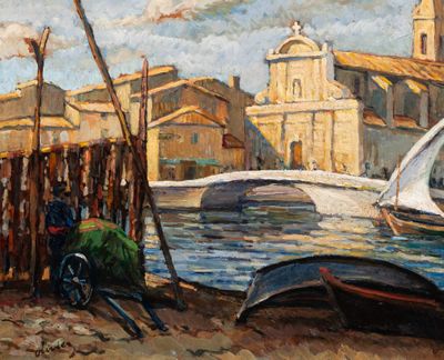 tableau représentant un voilier sur le rivage d'un port, avec une église en arrière-plan