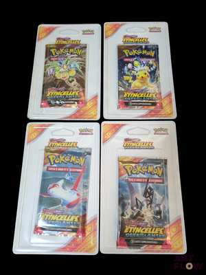 Trois paquets de cartes à collectionner Pokémon sont représentés sur un fond noir.