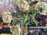a painting of flowers in a vase on a table