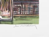 a drawing of a chair and a table in a field