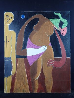 painting of a woman in a bikini with a man in the background