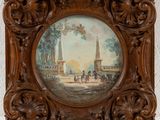 un vieux cadre contenant un tableau représentant des personnes dans un parc