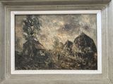 une peinture à l'huile représentant une scène de vie à la ferme avec un cheval et une grange