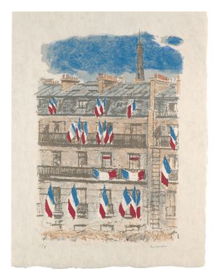 drawing of a building with a lot of flags flying in the air