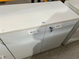 une armoire blanche à deux portes et deux tiroirs