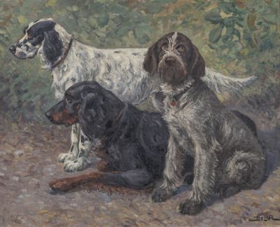 painting of three dogs sitting on the ground in a wooded area