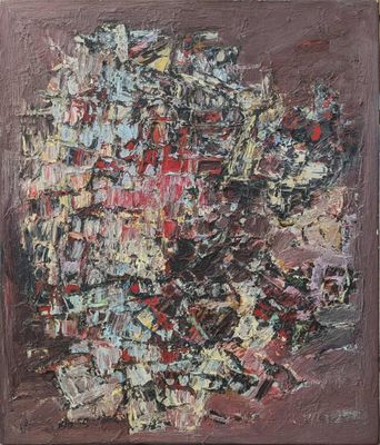 une peinture représentant une œuvre abstraite rouge et noire sur un fond marron