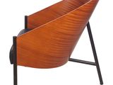 an image of a wooden chair with black legs and a wooden seat