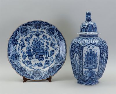 pair of blue and white vases and a blue and white plate