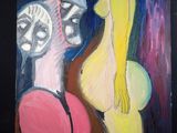 une peinture à l'huile représentant une femme et un homme debout l'un à côté de l'autre