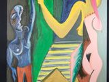 un tableau représentant un homme et une femme debout devant un tableau