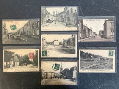 many old postcards of old buildings on the wall