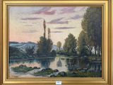 an oil painting of a river with trees and rocks in the foreground