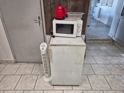 un micro-ondes posé sur un petit réfrigérateur dans une cuisine