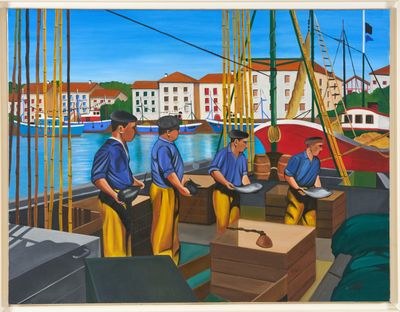 un tableau représentant un groupe d'hommes travaillant sur un bateau