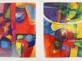 two paintings of different colors and shapes are shown in a book