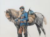 painting of a man on a horse with a backpack on his back