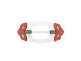 a close up of a red and white hair clip on a white background