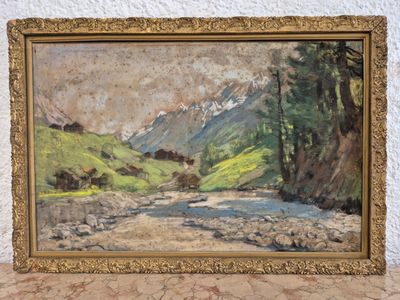 an oil painting of a mountain scene with a stream in the foreground