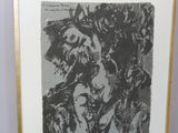 a black and white picture of a painting on a easel