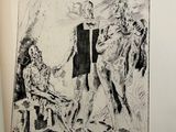 an old book with a drawing of a man in a suit and a woman in a dress