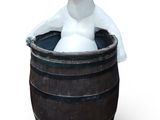 a white polar bear sitting in a barrel of water
