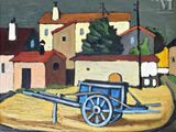 a painting of a horse drawn carriage in front of a town