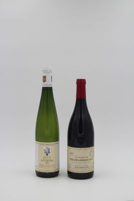 deux bouteilles de vin posées l'une à côté de l'autre sur une surface blanche