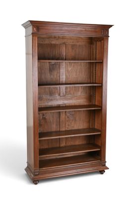 an image of a wooden bookcase with two shelves on each side