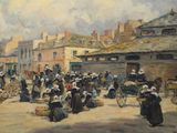 a painting of a street scene with people walking around