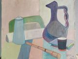 une peinture représentant un pichet et une tasse posés sur une table