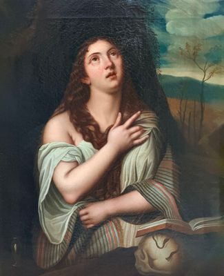 tableau représentant une femme tenant un livre et un crâne