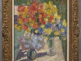 une peinture de fleurs dans un vase sur une table