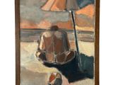 une peinture à l'huile représentant une personne assise sous un parasol sur la plage