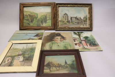 four framed pictures of a woman and a horse in a landscape