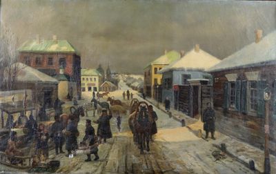 un tableau représentant des personnes marchant dans une rue enneigée