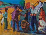 a painting of a group of people standing on a beach