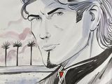 drawing of a man in a suit and tie with palm trees in the background
