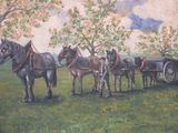 un tableau représentant une calèche tirée par un attelage de chevaux