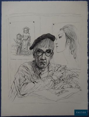 drawing of a man with a hat and glasses looking at a woman