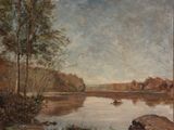 l'image d'une peinture représentant une rivière avec un bateau dans l'eau