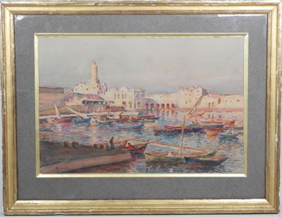 tableau représentant une scène portuaire avec des bateaux et une église en arrière-plan