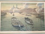 a picture of a painting of boats on the water