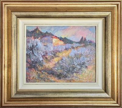 an oil painting of a desert scene with mountains in the background