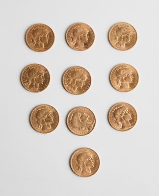 6 Lot de 10 pièces de 20 Francs coq, (5 x 1907 - 5 x 1909), …